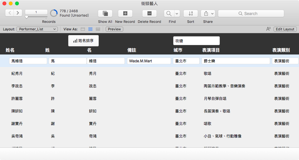 FileMaker_街頭藝人_Self Relationship_台北市藝人_List Layout.png